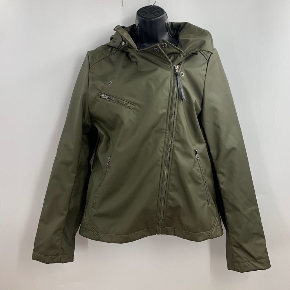 Mia Melon Women's Moto Asymmetrical‎ Zip Up Hooded Lined Rain Jacket Size L NWT